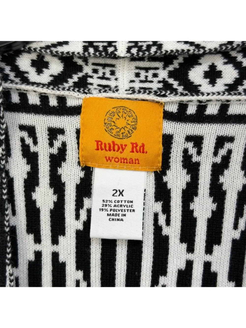 Ruby Rd Women Black&White Open Front Cardigan Sweater 2X Heavy Knit Cotton Blend